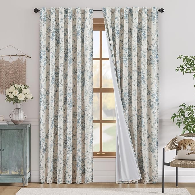 jinchan Blackout Linen Blend Curtain Floral Blackout Curtains for Living Room 84 Inch Length Blue Printed with Lined Blackout Curtain for Bedroom Farmhouse Curtains Set 2 Panels