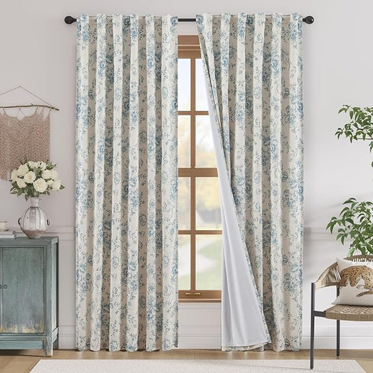 jinchan Blackout Linen Blend Curtain Floral Blackout Curtains for Living Room 84 Inch Length Blue Printed with Lined Blackout Curtain for Bedroom Farmhouse Curtains Set 2 Panels