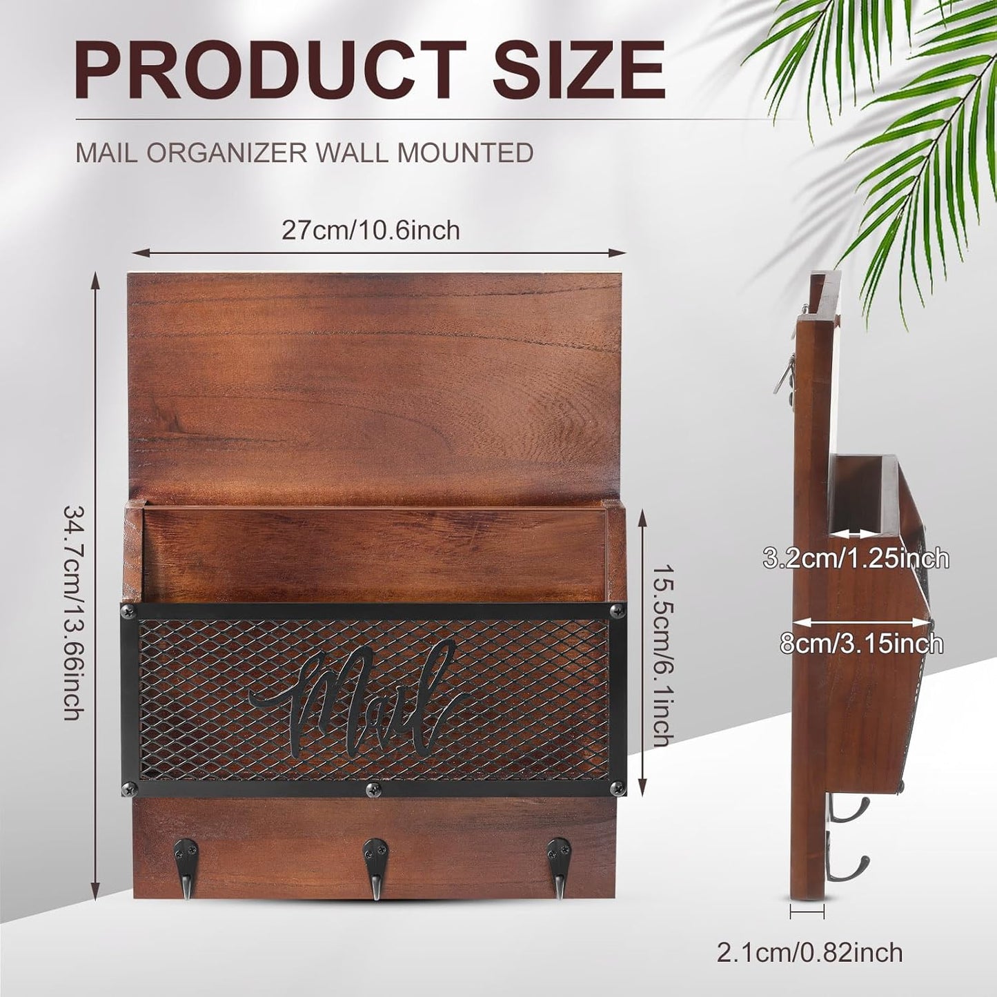 Yalikop Farmhouse Mail Organizer - Rustic Wall-Mounted Holder with 3 Hooks for Letters & Keys | Dark Brown