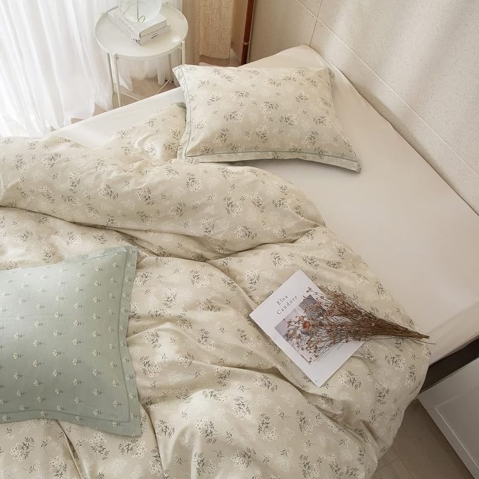 VM VOUGEMARKET Cotton Duvet Cover Set King,Grey Green Flower Duvet Cover Matching 2 Pillow Shams,Aesthetic Garden Style Bedding Set for Girls Women- 104"x90",Grey Green