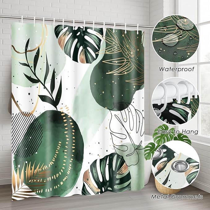 Sage Green Boho Shower Curtain Set with Toilet Lid Cover and Non-Slip Rugs, Mid Century Plant Abstract Olive 4 Pcs Modern Shower Curtain for Bathroom Set with 12 Hooks