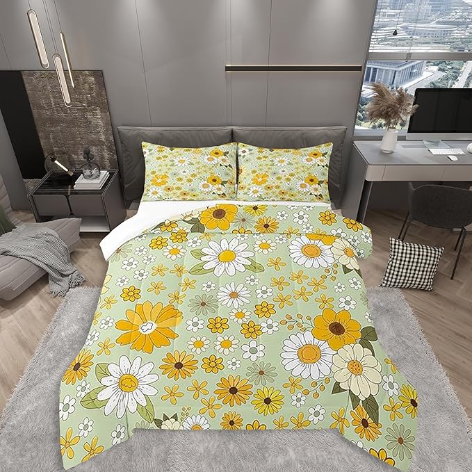 Vintage Floral Queen Size Comforter Set,Boho Spring Fresh Flowers Down Comforter Adults Bedroom Decor,Trippy Hippie Groovy Botanical Ultra Soft Microfiber Inner Fill 3Pcs Bedding