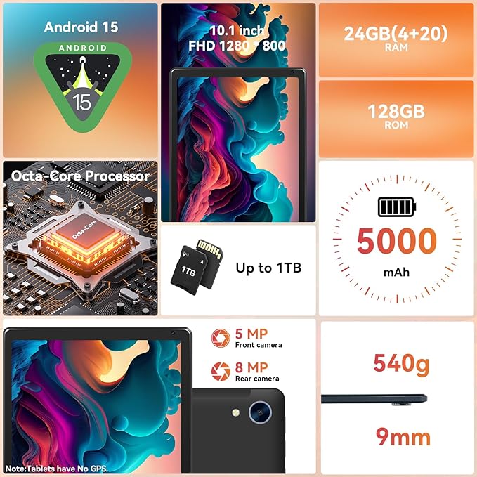 URAO Tablet,10.1" Android 15 Tablet with Octa-core Processor 24GB RAM 128GB ROM HD IPS Touchscreen 8H Battery, Wi-Fi 6, BT 5.0, Dual Camera, Android Tablets