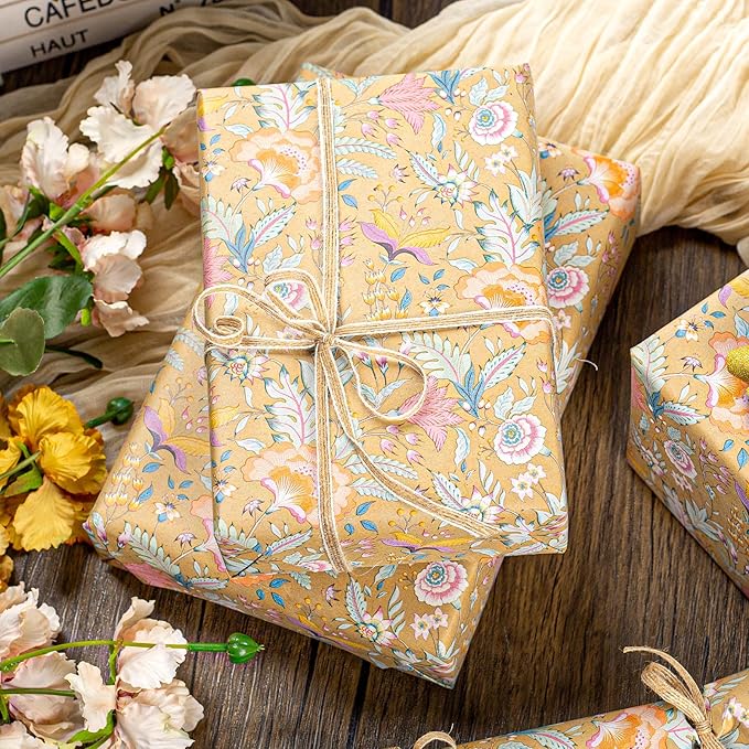 Merture Vintage Kraft Floral Wrapping Paper Roll - 17 In X 32.8 Ft(46.5 sqft) Vibrant Flower Design Gift Wrap for Mothers Day, Valentines Day, Birthday, Wedding, Anniversary, Bridal Shower