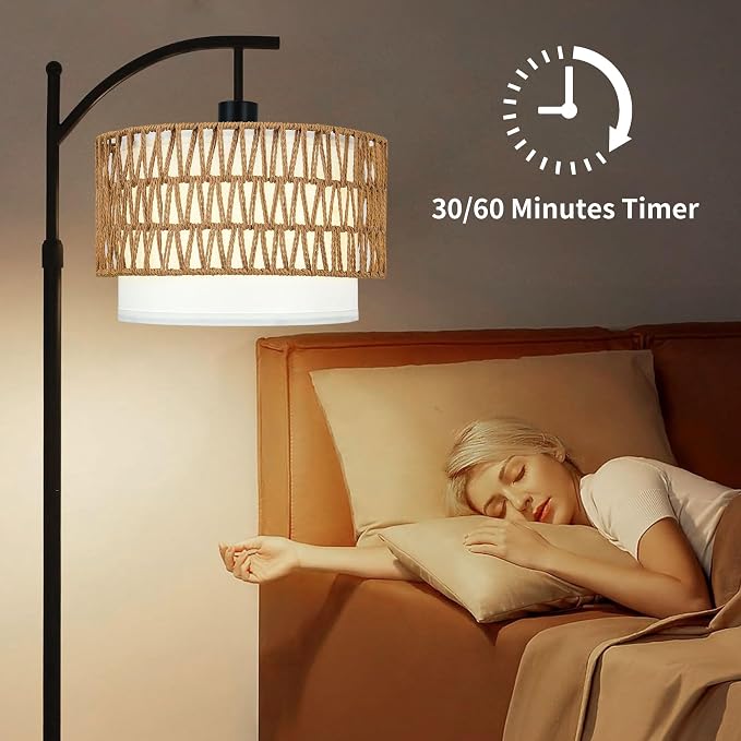 ZECOXOL Arc Floor Lamp with Table and Shelves,Rattan Boho Floor Lamp with Remote Control,Rustic Floor Lamps for Bedroom Wicker Standing Lamp with 3 Color Temperature Tall Lamp for Living Room Corner