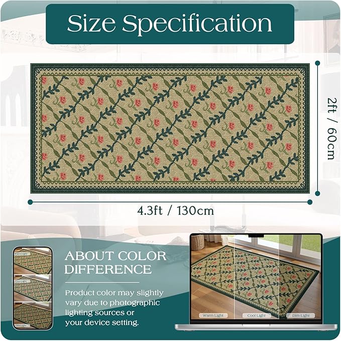 Front Door Mat Indoor Entrance - 2x4.3 Ft Washable Layered Doormat Outdoor Entrance Porch Rug Non-Slip Jute-Look Khaki Farmhouse Trellis Runner Rug for Kitchen Bedroom Laundry Room Porch Decor
