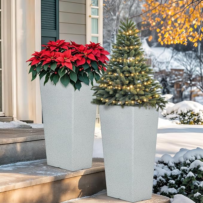 28" Plant Pots Tall Planters for Plants Outdoor Large Set of 2 Plastic Flower Pots Tapered Plant Containers Front Porch Decor for Garden, Patio, Deck, Indoor Terrazzo White