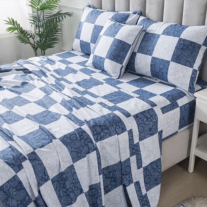 FADFAY Paisley Twin Extro Long Size Plaid Navy Blue Sheets 100% Cotton Geometric Checker Bedding Teens Grid Grey Gingham Pattern College Bedding Deep Pocket Sheets with 2 Pillowcases Ultra Soft 4pcs