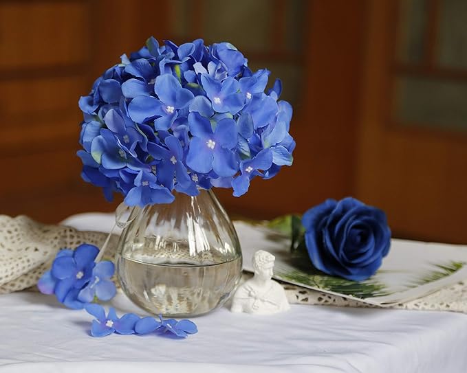 DuHouse Artificial Hydrangea Silk Flower Heads with Stem Fake Royal Blue Hydrangea Flowers for Wedding Home Garden Centerpiece Pack of 6(Royal Blue)