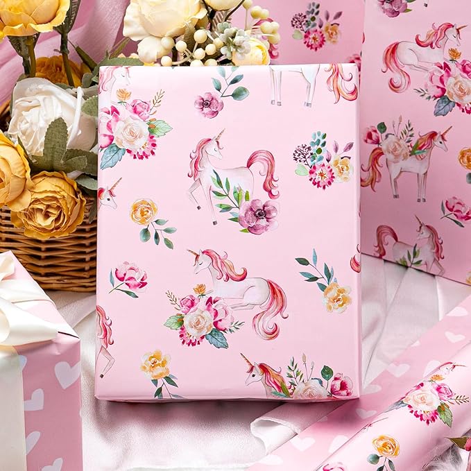 HOMERAL Pink Unicorn Wrapping Paper with Flower Designs - 17In x 33Ft (46.5sqft) Pink Unicorn Princess Gift Wrap with Hearts Reverse for Girls Birthday, Baby Shower, Valentines Day, Mothers Day, DIY Crafts