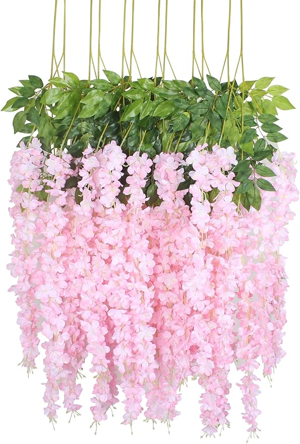 Duovlo 12 Piece Artificial Silk Wisteria Vine 3.6 Feet Ratta Hanging Flower Garland String Home Party Wedding Decor (Light Pink)