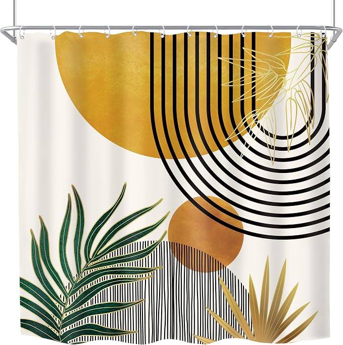 KOMLLEX Mid Century Boho Shower Curtain for Bathroom Decor Abstract Modern Sun Minimalist Aesthetic Arch Curve Leaves Geometric Yellow Gold Neutral Fabric Waterproof Polyester 12 Hook 72Wx72H