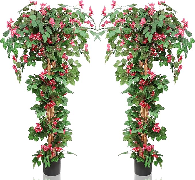 Damomo 5FT Artificial Bougainvillea Flowers Trees, Fake Bougainvillea Tall Tree with Black Plastic Potted, Outdoor Faux Blooming Plants for Indoor Front Porch Decor or Home Office, 2 PCS (59 inch)