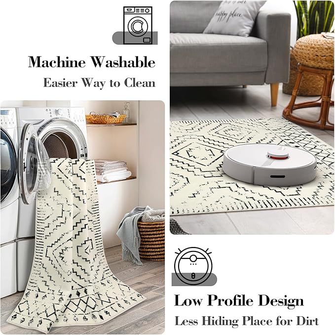 Wonnitar Moroccan 4x6 Area Rug, White Boho Rugs for Living Room, Washable Soft Large Rug for Bedroom,Non-Slip Geometric Throw Carpet, Low Pile Accent Mat for Nursery Bedside Dorm (Beige,4'x6')