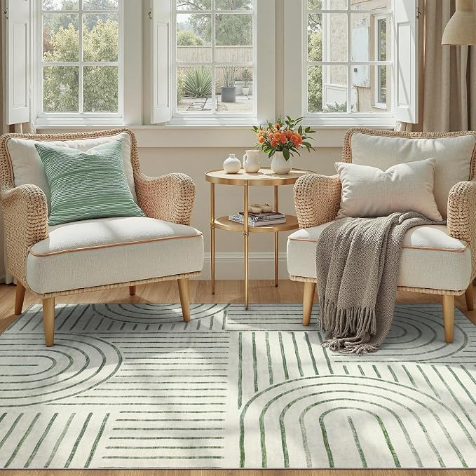 DCX Abstract Machine Washable 4x6 Rug, Sage Green Modern Accent Rug for Living Room, Soft Low Pile Non Slip Carpet, Kid & Pet Friendly Stain Resistant Rug for Bedroom Dining Room Office