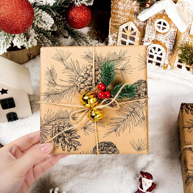 Yarcony Kraft Christmas Wrapping Paper, Pine Cone Wrapping Paper, Recycled Thick Forest Autumn Pine Cones, Botanical Brown Christmas Gift Wrap for Holiday, Thanksgiving Natural (17 Inch X 33 Feet)
