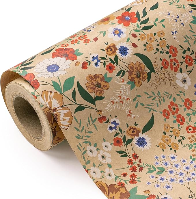 WRAPAHOLIC Kraft Floral Wrapping Paper Roll - Mini Roll - 17 Inch x 9.8 Feet - All Occasion Flower Wrapping Paper for Wedding Bridal Shower Birthday