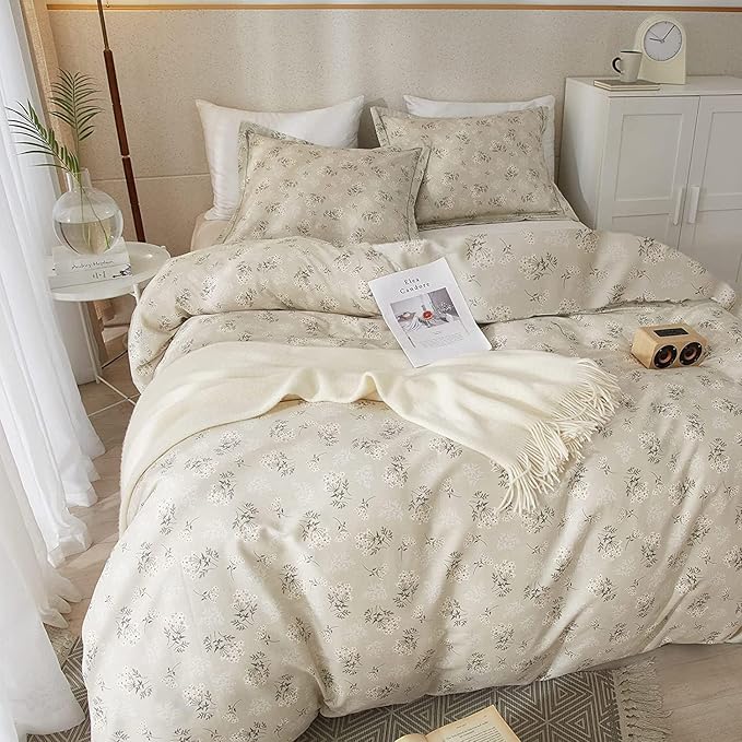 LifeTB Boho Floral Comforter Set Full Size Vintage Style Floral Bedding Comforter with 2 Pillowcases Garden Flower Leaves Botanical Comforter Set Soft Fluffy 3 Pieces Bedding Set for Girls Women
