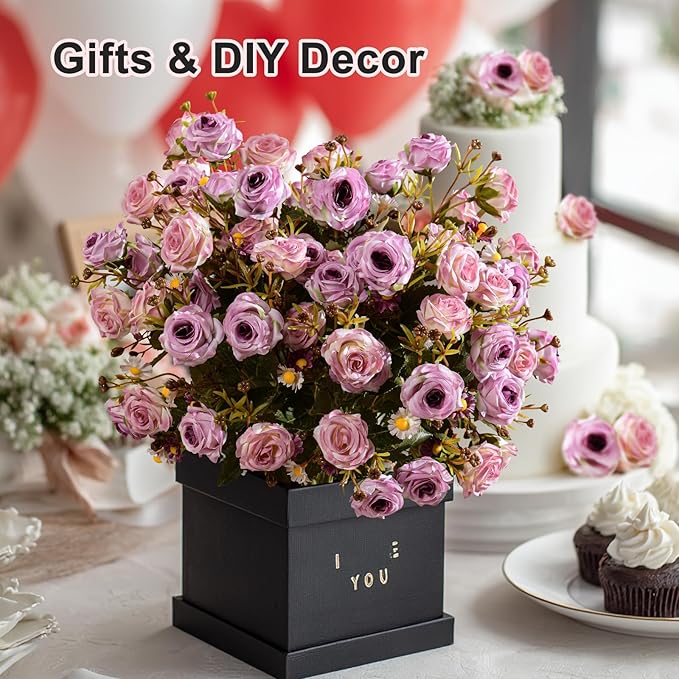 Artificial Rose Flowers for Outdoor 4 Bundles Rose Bouquet with Daisy Faux Flowers UV Resistant for Home Indoor Outside Garden Porch Window Box Balcony Yard Porch Fall Decor (Purple)