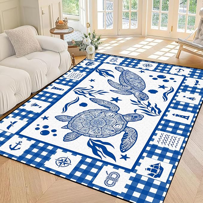 Sea Turtle Rug Coastal Ocean Print Floor Mat Blue and White Plaid Area Rug for Bedroom Living Room Nursery Kitchen Playroom Home Decor Non-Slip Washable Carpet,5'x7'