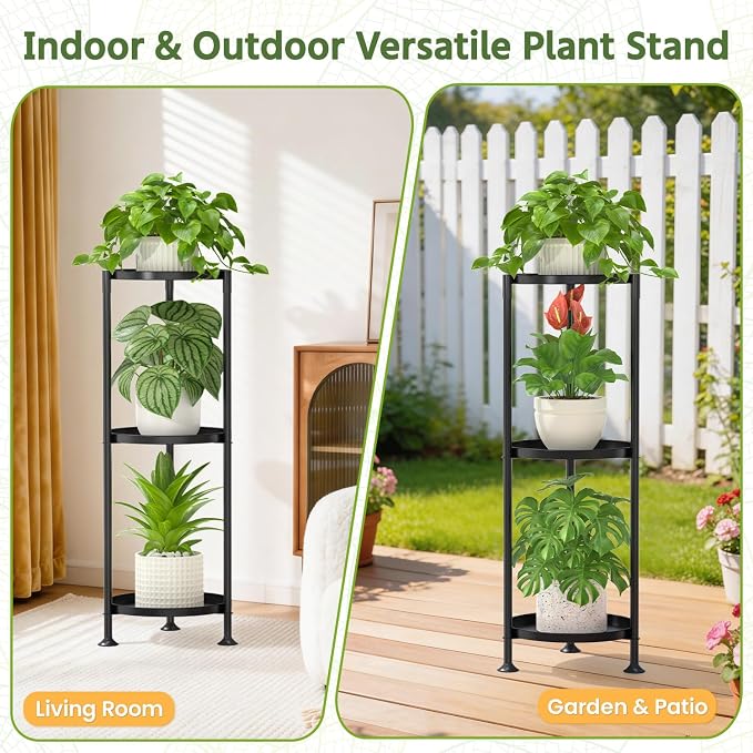 LASZOLA 3 Tier Plant Stand Indoor with Large Metal Tray, Corner Round Flower Holder Rack Tall Outdoor, Morden Planter Display Shelf for Patio Porch Garden Office Living Room, Black