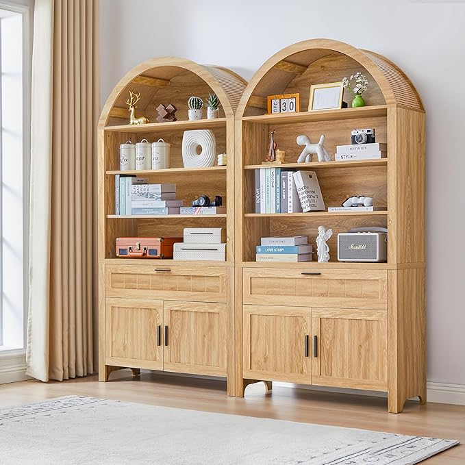 Turtle&Myrtle 73" H Large Arched Bookshelf，5-Tier Arch Bookcase with Doors，Mid Century Modern Book Shelf with Drawers，Wood Bookshelf w/Open Display Shelves for Living Room, Office (Natural, 2 Set)