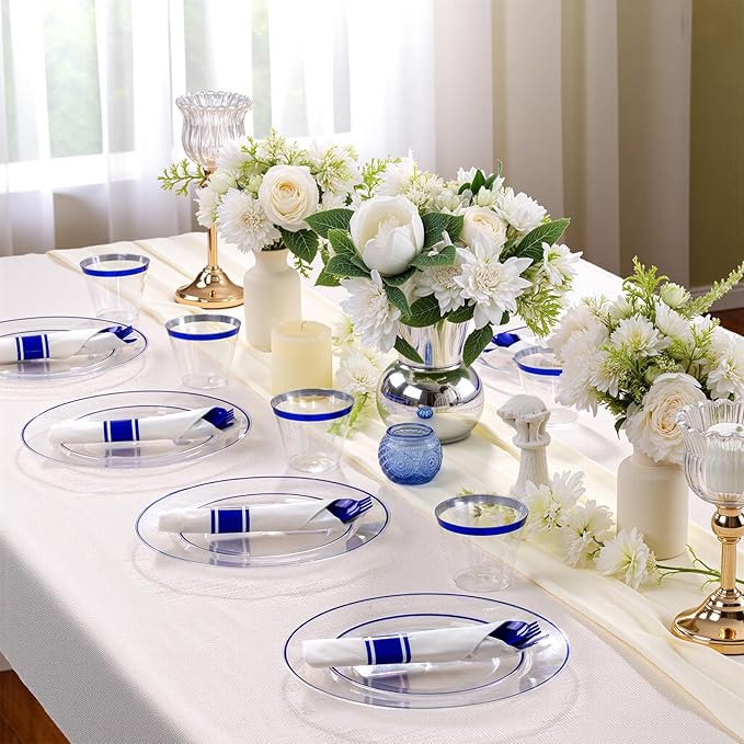 SUT 175 Pcs Blue and Clear Plastic Dinnerware Set for 25 Guests, Include: 25 Dinner Plates, 25 Dessert Plates, 25 Pre Rolled Napkins With Silverware, 25 Cups, Disposable Plates for Party, Wedding