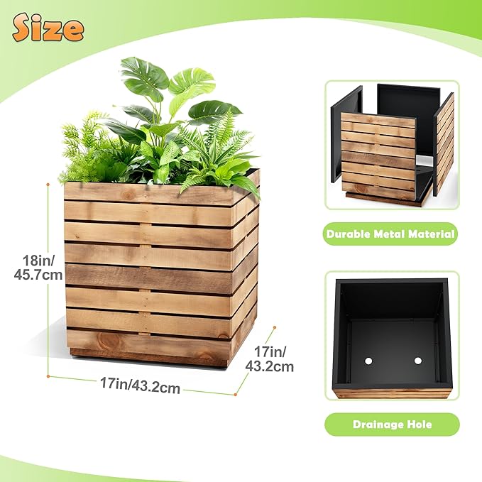 Metal Planter Box Rectangular Planter Box with Drainage Hole, Outdoor Large Planters, All-Weather Use, Rust-Resistance, for Flowers Plants, 17" L × 17" W × 18" H, Dark Walnut