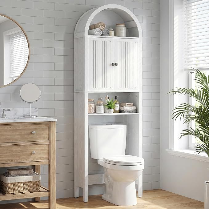 White Over The Toilet Storage Cabinet with Fluted Doors, 4 Tier Small Bathroom Shelf Organizer, Arched Bathroom Cabinet with Adjustable Shelf, Narrow Slim Toilet Rack, Anti-Tipping Device, Wood