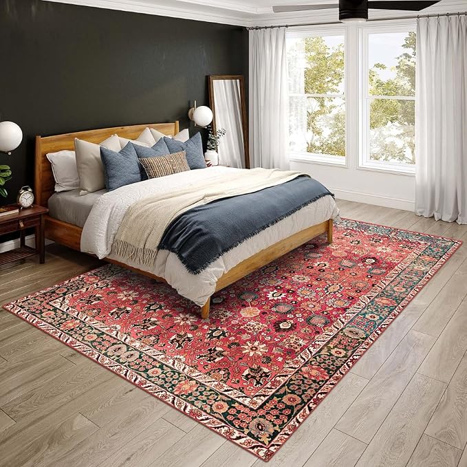 vivorug Washable Rug, Ultra Soft Area Rug 3x5, Non Slip Small Rug Carpet, Stain Resistant Rugs for Living Room Bedroom Entryway, Vintage Floral (Cherry Red/Spice, 3'x5')
