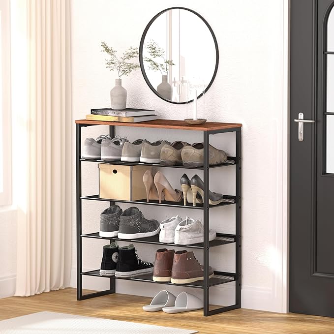 CHEMPFR Shoe Rack - Sturdy Steel Shoe Organizer for Front Door Entrance Closet Entryway with Spacious Top - Industrial Style Strong Mesh Storage Shelves (5-Tier 11.8"x36.2"x31.5")