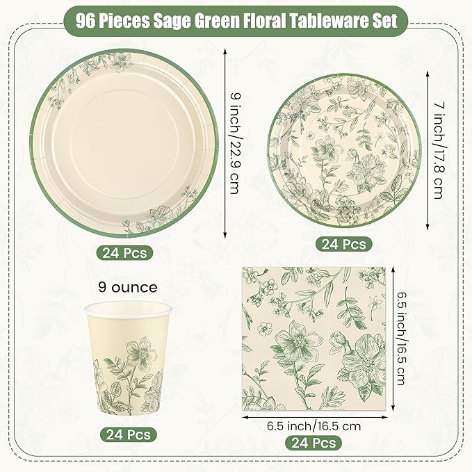 96 Pieces Sage Green Floral Party Supplies Elegant Floral Disposable Tableware Set Includes 9 Inch and 7 Inch Paper Plates, Cups, Napkins Serves 24 Guests for Birthday Baby Shower Wedding