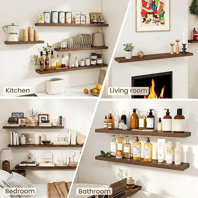 Dreamland 32inch Floating Shelves for Wall, Rustic Walnut Floating Shelves for Bathroom|Bedroom|Kitchen, Deep Wall Mounted Book Shelf, Wood Storage Display Shelf for Home Decor, Set of 2