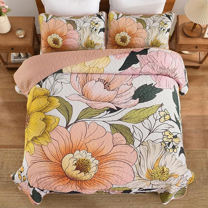 Dintszyayue Pink Quilt Set King, 3 Pieces Floral Bedspreads Lightweight Coverlet Set for All Seasons, Reversible Quilted Printed Bedding Set with 2 Pillow Shams