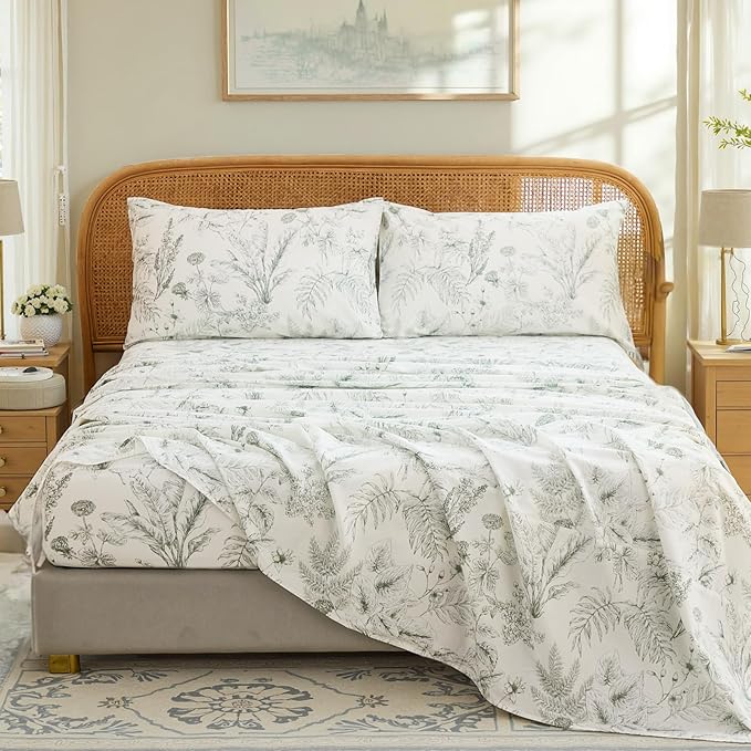 100% Cotton Sheet Set Queen Size – 4-Piece Chic Garden Floral Bedding Set, Soft Breathable Percale Weave, Deep Pocket Fitted Sheet 17.5", Crisp Cool Feel, Refined Botanical Elegance