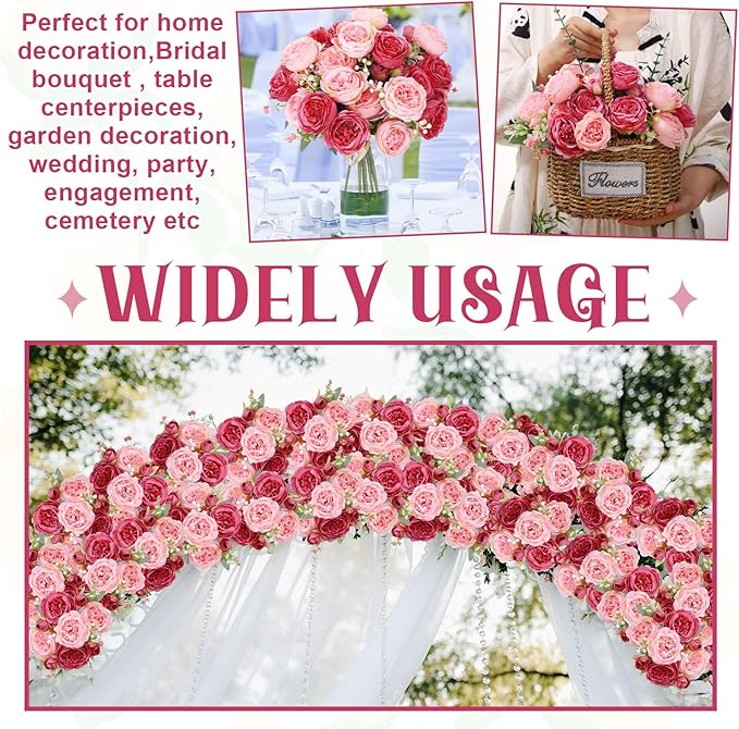 8 Pack Pink, Dark Pink Peonies Artificial Flowers, Fake Silk Hydrangea Bouquet for Bridal Wedding Home Table Decor Reusable Dining Opening Ceremony Birthday Arrangement Faux Floral