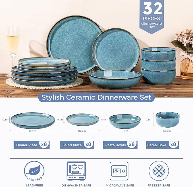 GBHOME 32 Pieces Double Bowls Ceramic Dinnerware Sets for 8, Stoneware Plates and Bowls Set with Reactive Glaze, Scratch Resistant Stoneware Dishes Set, Dishwasher & Microwave Safe