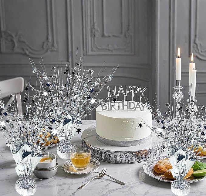 12 Pack Metallic Foil Spray Centerpiece Star Table Decoration Burst Table Centerpieces for New Years Nye Birthday Wedding Anniversary Graduation Holiday Party Supplies Decor, Silver