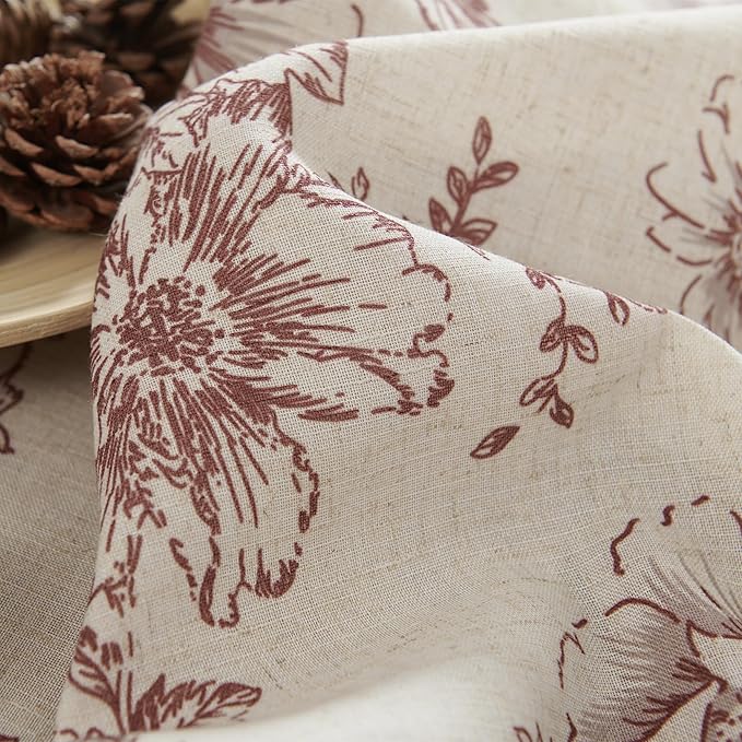 jinchan Linen Blend Curtain Floral Curtains for Living Room 63 Inch Length Christmas Brick Red Printed Curtain Rod Pocket Back Tab Farmhouse Peony Flower Patterned Drapes Curtains Set 2 Panels