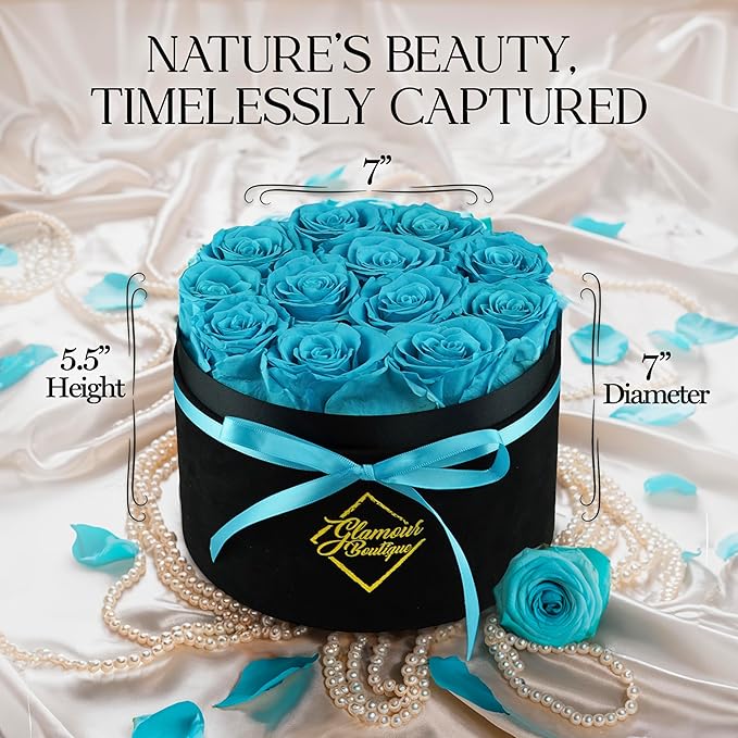 GLAMOUR BOUTIQUE Flowers Forever Gift Box 12 Real Preserved Roses in a Velvet Box, Birthday for Her Mom and Wife, Mothers Day, Anniversary, Graduation - Teal