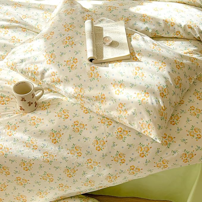 EAVD Yellow Floral Duvet Cover King Size Soft 100% Cotton Soft Botanical Floral Cottagecore Bedding Set with 2 Pillowcases Aesthetic Floral Comforter Set with Zipper Closure
