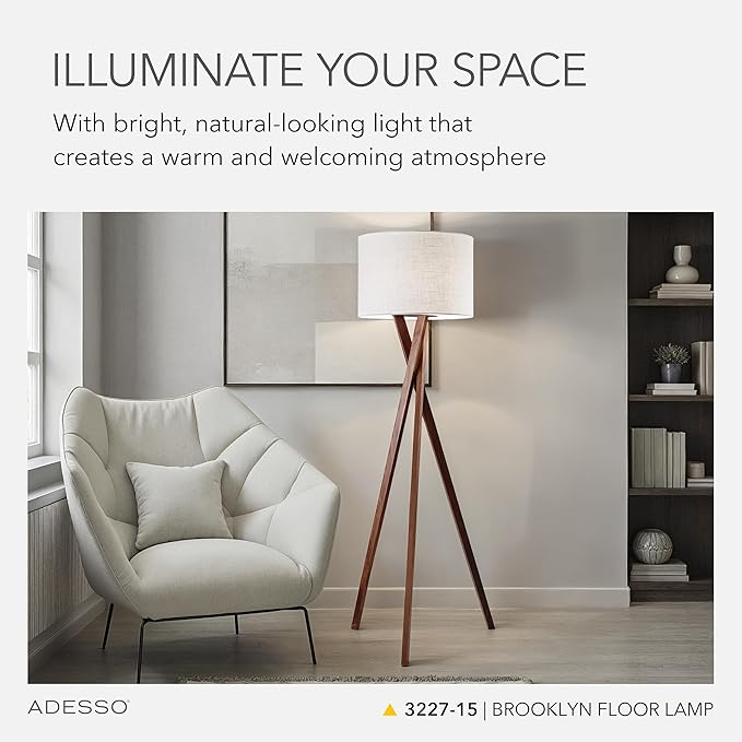 Adesso Floor Lamp with Walnut Tripod Base and White Linen Lampshade – Lamp for Bedroom, Living Room, and House Décor, 63” x 20”