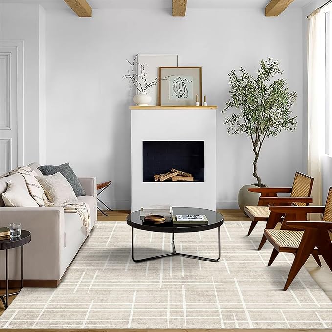 5x7 Area Rugs - Ultra-Thin Washable Rug with Non-Slip Backing, Ideal for Living Room, Bedroom, Kitchen Floor Carpet - Modern Neutral Style, Easy Clean, Durable, Low Pile Rug, Ivory Stripe