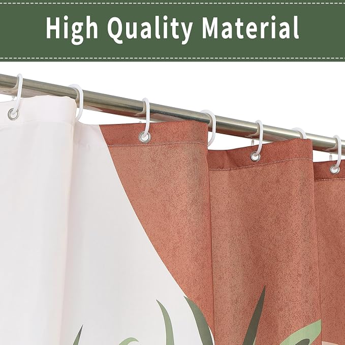 Boho Mid Century Shower Curtain, Brown Modern Minimalist Abstract Geometric Green Gold Plant Leaves Sun Arch Bathroom Curtains Waterproof Fabric Buthtub Curtain Set with Hooks 66" Wx72 L