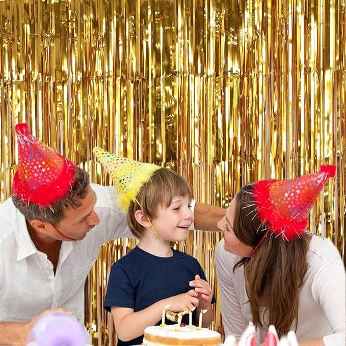 2 Pack Gold Fringe Curtain Backdrop, 3.2Ft x 8.2Ft Metallic Photo Booth Backdrop Tinsel Door Curtains for Birthday Baby Shower Anniversary Christmas New Year Eve Bachelorette Party Decorations