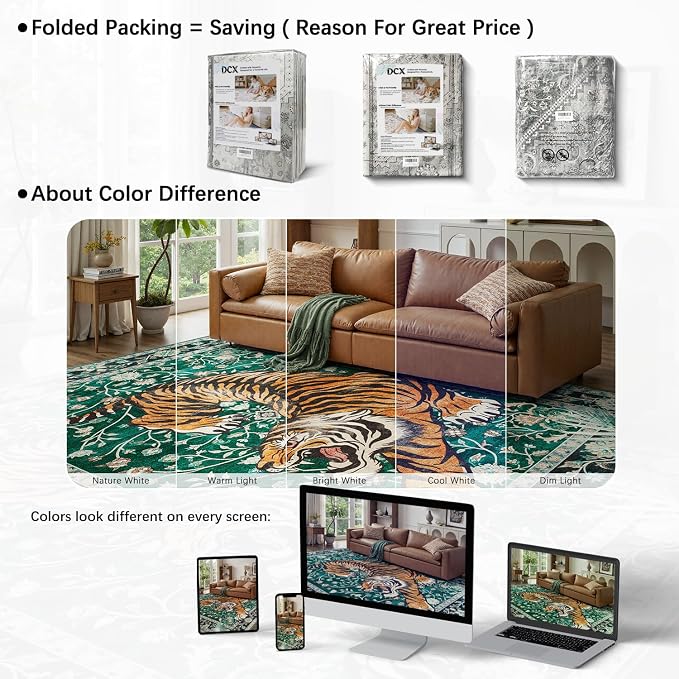DCX Washable 5x7 Tiger Area Rug, Green Vintage Animal Rug for Living Room, Soft Low Pile Carpet, Kid & Pet Friendly with Rubber Back Non Slip, Tiger Rug for Bedroom Dining Room Office