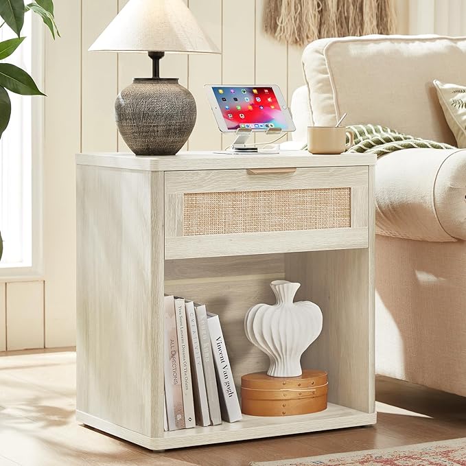 LEYAOYAO Rattan Nightstands Set of 2 with Charging Station, Grey White Night Stand with Drawer, 23" Wide Boho Bedside Table with Storage Shelf, Bed Side End Tables for Bedroom, Living Room, Hallway