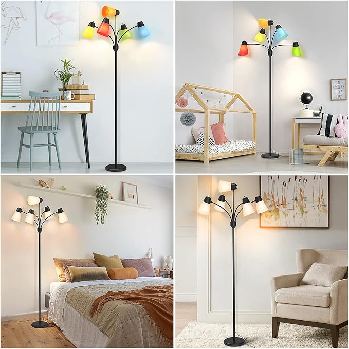 FOLKSMATE LED Floor Lamp, Medusa Multi Head Modern Tall, Rustic Adjustable Reading Standing Light for Living/Kids Room, Bedroom, Black