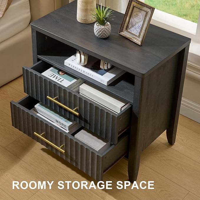 Fluted Nightstands with 2 Drawers, 27" Modern Nightstands Set of 2 with Storage Shelf, Large Queen Size Bedside Table and End Table for Bedroom,Hallway,Office, Dark Gray