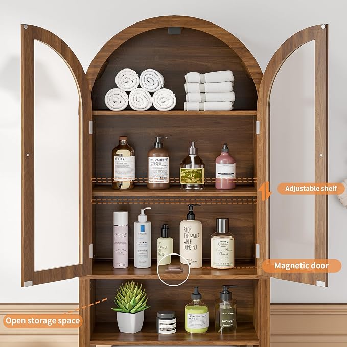Arched Over The Toilet Storage Cabinet with Acrylic Doors, 4 Tier Small Bathroom Shelf Organizer, Mid Century Modern Bathroom Cabinet with Adjustable Shelf, Slim Narrow Arch Toilet Rack, Walnut
